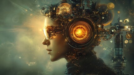 Leinwandbilder - surreal representation of a glowing man with intricate mechanical elements illuminating his profile 