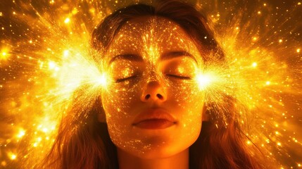 Poster - Woman surrounded by mystical golden light radiating energy and serenity in a dreamlike atmosphere