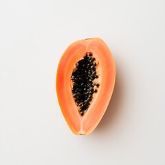 Poster - Slice of vibrant orange papaya showcasing dark seeds and smooth texture on a light background