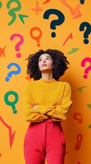 Poster - Pensive young woman with curly hair, dressed in casual clothes, stands with crossed arms against a vibrant orange background adorned with colorful question marks, contemplating a decision