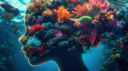 Poster - Serene silhouette of a child immersed in vibrant underwater coral landscape at twilight