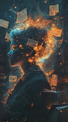 Poster - Serene visualization of a glowing historian immersed in knowledge surrounded by floating books