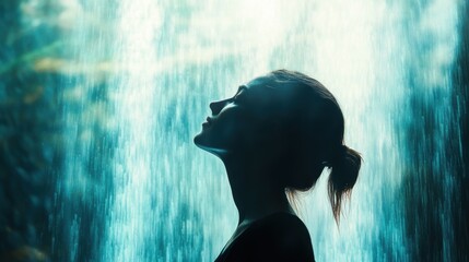 Aufkleber - Serene portrait of a woman glowing with tranquility behind a cascading waterfall in nature during golden hour