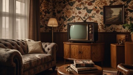 retro living room, vintage furniture, classic Chesterfield sofa, leather sofa, ornate coffee table, antique decorations, vintage tube TV, nostalgic interior, retro home design, cinematic lighting, 