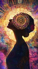 Leinwandbilder - Serene woman portrait radiating inner peace and beauty in a vibrant, colorful background