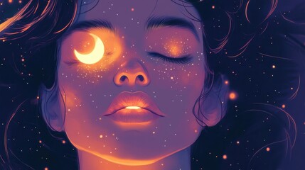 Poster - Serenity captured in the expression of a woman with cosmic elements reflecting in her features