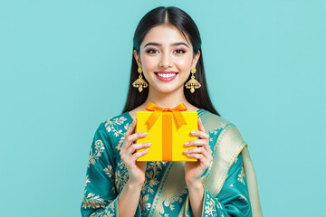 Wall Mural - Smiling woman in traditional attire holding a yellow gift box.