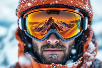 Poster - Close-up of a skier wearing orange goggles reflecting a glowing mountain landscape.