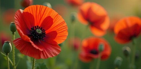 Wall Mural - Close-up of vibrant red poppy flowers and seed pods , fragile, petals