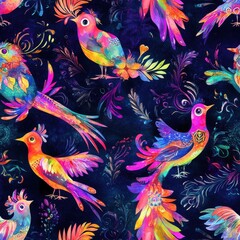 Poster - Radiant watercolor doodle featuring vibrant birds amidst colorful foliage on a dark background