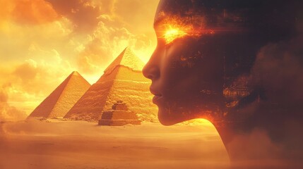 Poster - Silhouette of a man blending with the mystical landscape of ancient pyramids at sunset