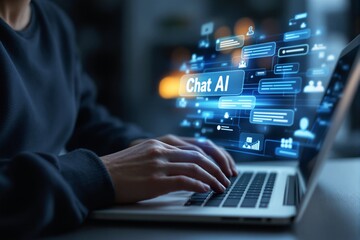 Poster - Hands typing on a laptop with glowing Chat AI interface on dark background.