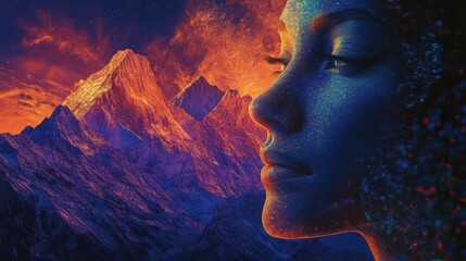 Aufkleber - Mystical woman’s face glowing in harmony with majestic mountains at twilight