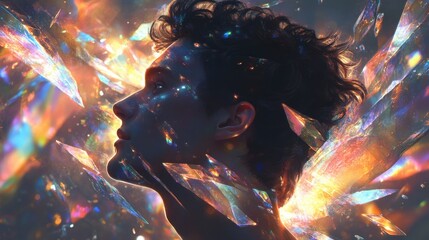 Poster - mystical profile of a man surrounded by sparkling crystals and vibrant colors in a dreamlike atmosph