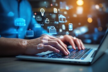 Aufkleber - Hands typing on a laptop with glowing digital icons hovering, representing technology and data management.