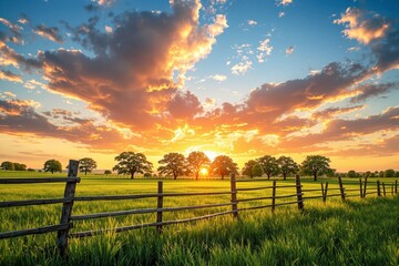 Poster - Scenic sunset over a countryside field with wooden fence and vibrant sky.