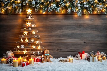 Poster - Wooden Christmas tree with lights, candles, gifts, and gingerbread man on snowy surface, festive decor background.