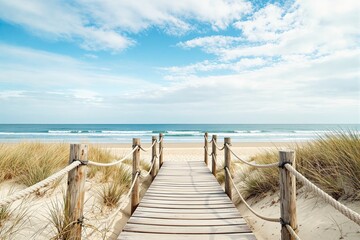 Aufkleber - Wooden boardwalk leading to a serene beach with waves and a bright sky.