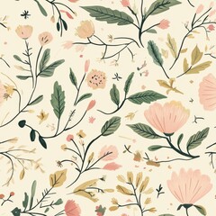 Leinwandbilder - Gentle watercolor doodle design featuring various flowers and leaves in soft pastel colors on a light background