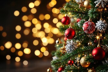 Poster - Christmas tree with red and gold ornaments on sparkling bokeh lights background.