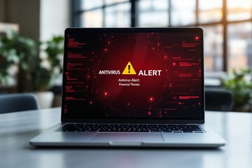 Aufkleber - Laptop screen showing antivirus alert with warning symbol in modern office background.