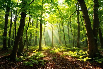 Poster - Beautiful forest scene with sunlight streaming through the lush green canopy.