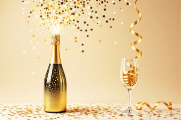 Wall Mural - Gold champagne bottle and glass with festive sparkling stars and ribbons on beige background.