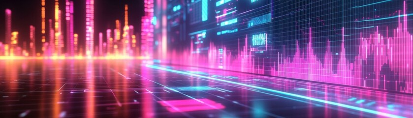 Poster - A vibrant digital landscape showcasing colorful data visualizations and pulsating graphs against a dark backdrop, representing technology and analytics.