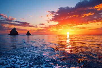 Aufkleber - Vibrant sunset over serene ocean with rocky islets glowing under colorful sky.