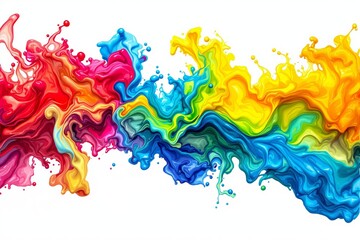 Poster - Abstract colorful fluid paint splash in vibrant rainbow hues on white background.