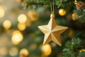 Poster - Golden star ornament hanging on Christmas tree branch with glowing lights in the background.