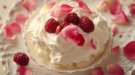 Aufkleber - Delicate pavlova topped with whipped cream and fresh raspberries garnished with rose petals