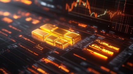 Poster - Creative layout showcasing glowing gold bars with digital elements highlighting financial data and trends