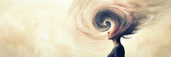 Poster - Surreal image depicting a woman with hair exploding from her head, symbolizing stress, information overload, burnout, and mental health challenges