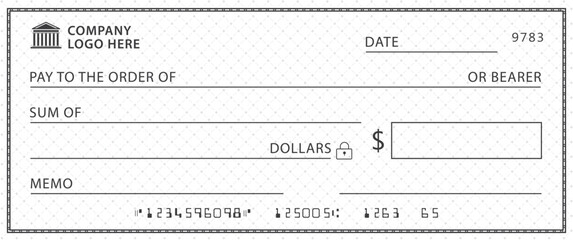 Wall Mural - empty money cheque. bank check. check book template with pattern and blank fields. currency payment 