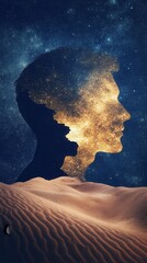 Poster - Conceptual portrayal of a man's silhouette against a starry cosmos with sand dunes