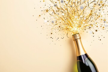 Poster - Golden champagne bottle with sparkling star confetti explosion on light yellow background.