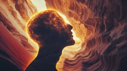 Poster - Man glowing with energy in a canyon surrounded by natural rock formations at sunset expressing creativity and introspection