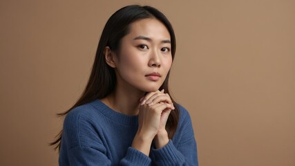 Thoughtful person in blue sweater gazes directly at the camera with hands clasped in a neutral setting