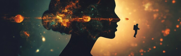 Poster - Conceptual exploration of a woman's silhouette intertwined with cosmic elements and an astronaut in a surreal scene