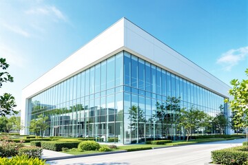 Wall Mural - Modern glass office building with lush greenery and clear sky.