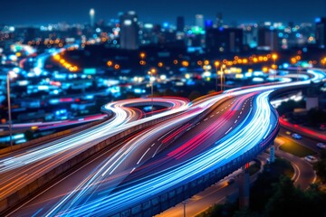 Poster - Futuristic highway with light trails in night cityscape.