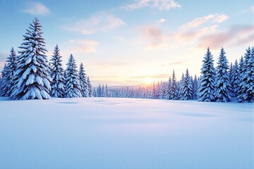 Poster - Snow-covered pine forest at sunrise with blue sky and soft clouds, serene winter scenery.