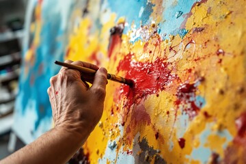Poster - Close-up of a hand painting an abstract artwork on canvas with vibrant colors.