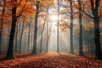 Poster - Autumn forest with sunlight streaming through trees and orange leaves on the ground.