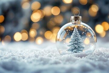 Aufkleber - Christmas ornament with tree on snow and glowing lights background.