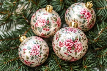 Poster - Elegant Christmas ornaments with floral and berry patterns placed on green fir branches.