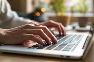 Aufkleber - Close-up of hands typing on a laptop keyboard in a cozy workspace.