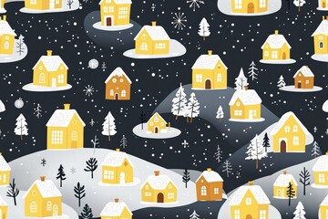 Poster - Snowy village with yellow houses and trees on dark sky background.