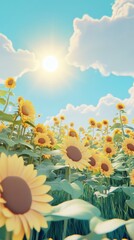 Aufkleber - Sunlight illuminating a vibrant sunflower field under a clear blue sky with fluffy clouds